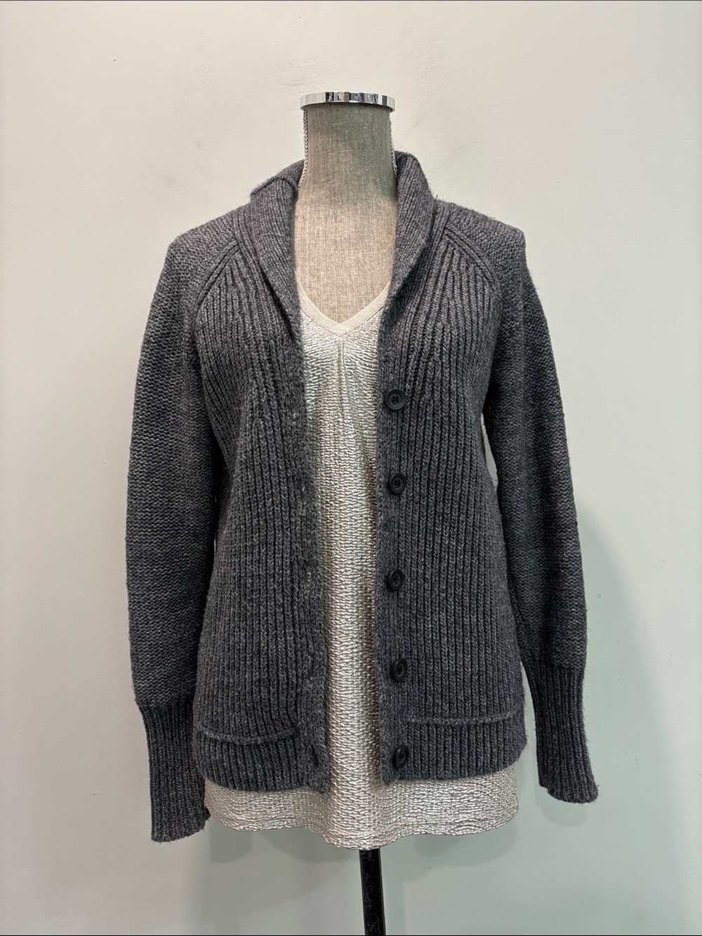 J.Crew Grey Wool Mohair Chunky Shawl Collar Cardigan Sweater Size L - Picture 2 of 15